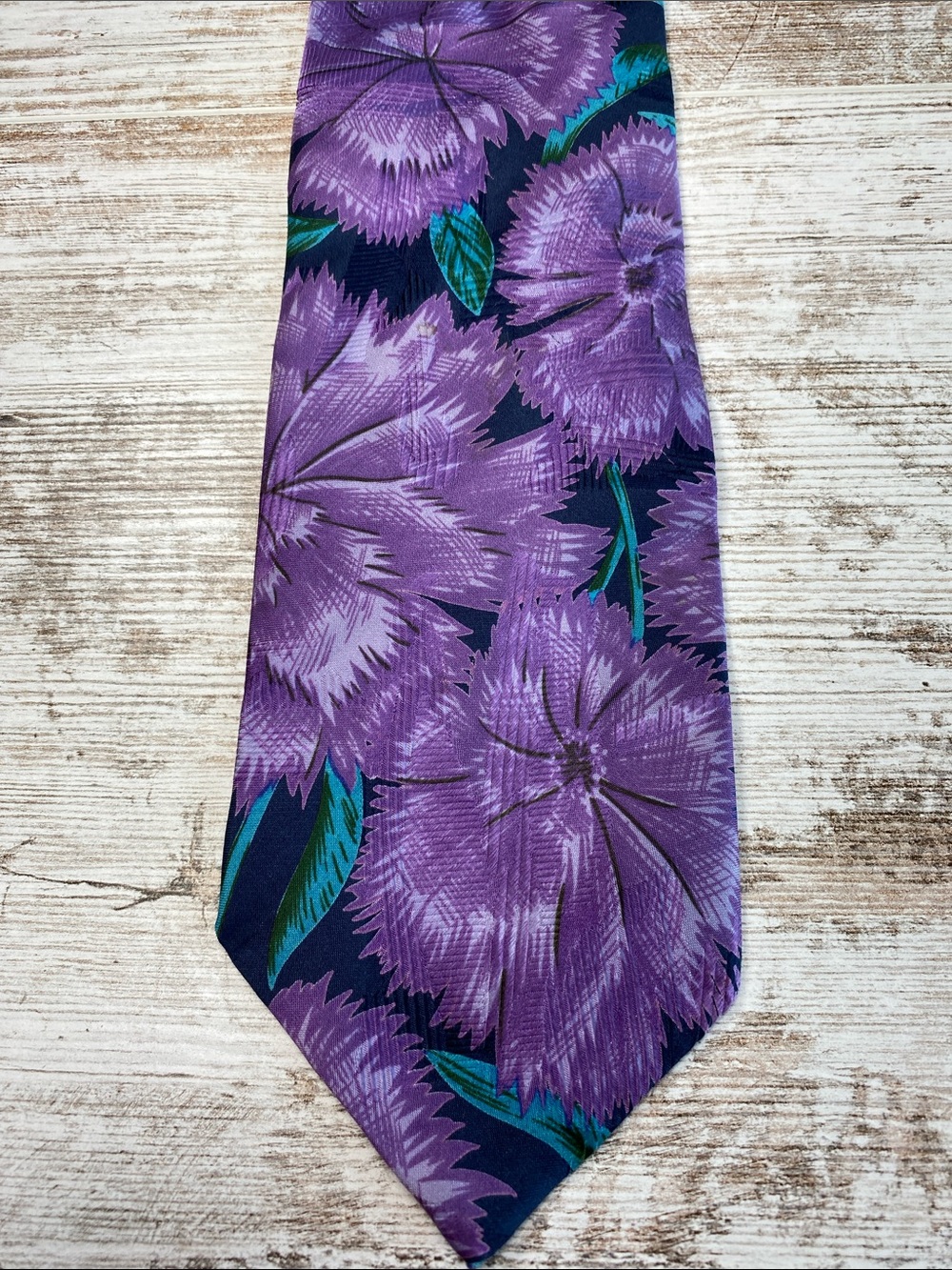 Vintage Italian Silk Floral Necktie Purple Botanical Wide Tie Handmade Italy 56”